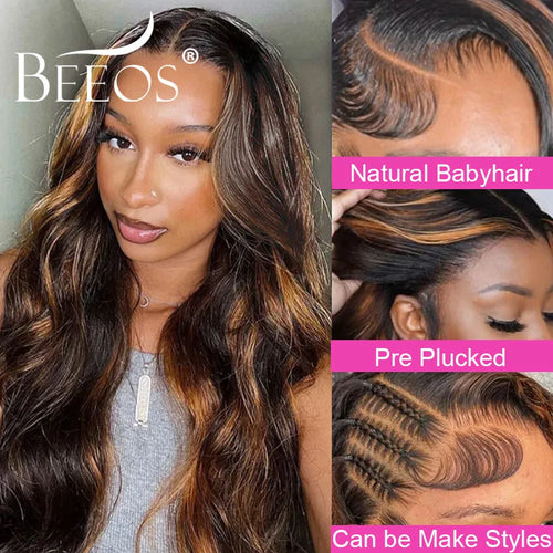 #1B/30 Highlight Body Wave 13x6 Real HD Lace Frontal Wig Highlight Wig Human Hair Colored Wigs Quick Weave Wig Bleached Knots