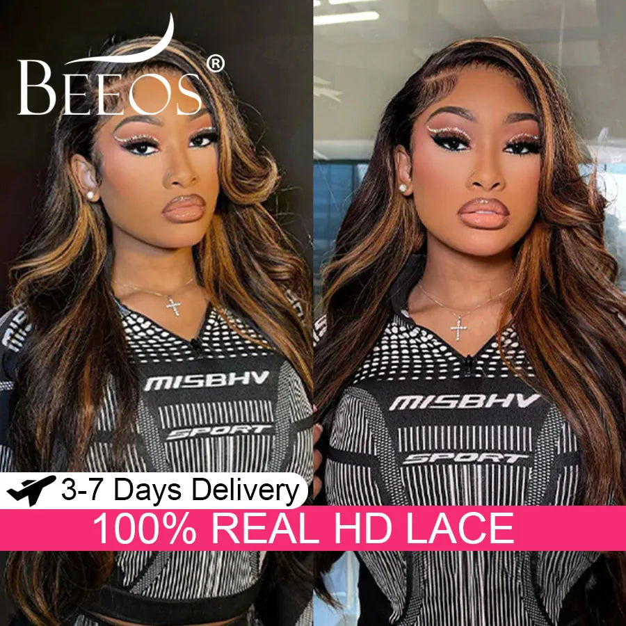 #1B/30 Highlight Body Wave 13x6 Real HD Lace Frontal Wig Highlight Wig Human Hair Colored Wigs Quick Weave Wig Bleached Knots